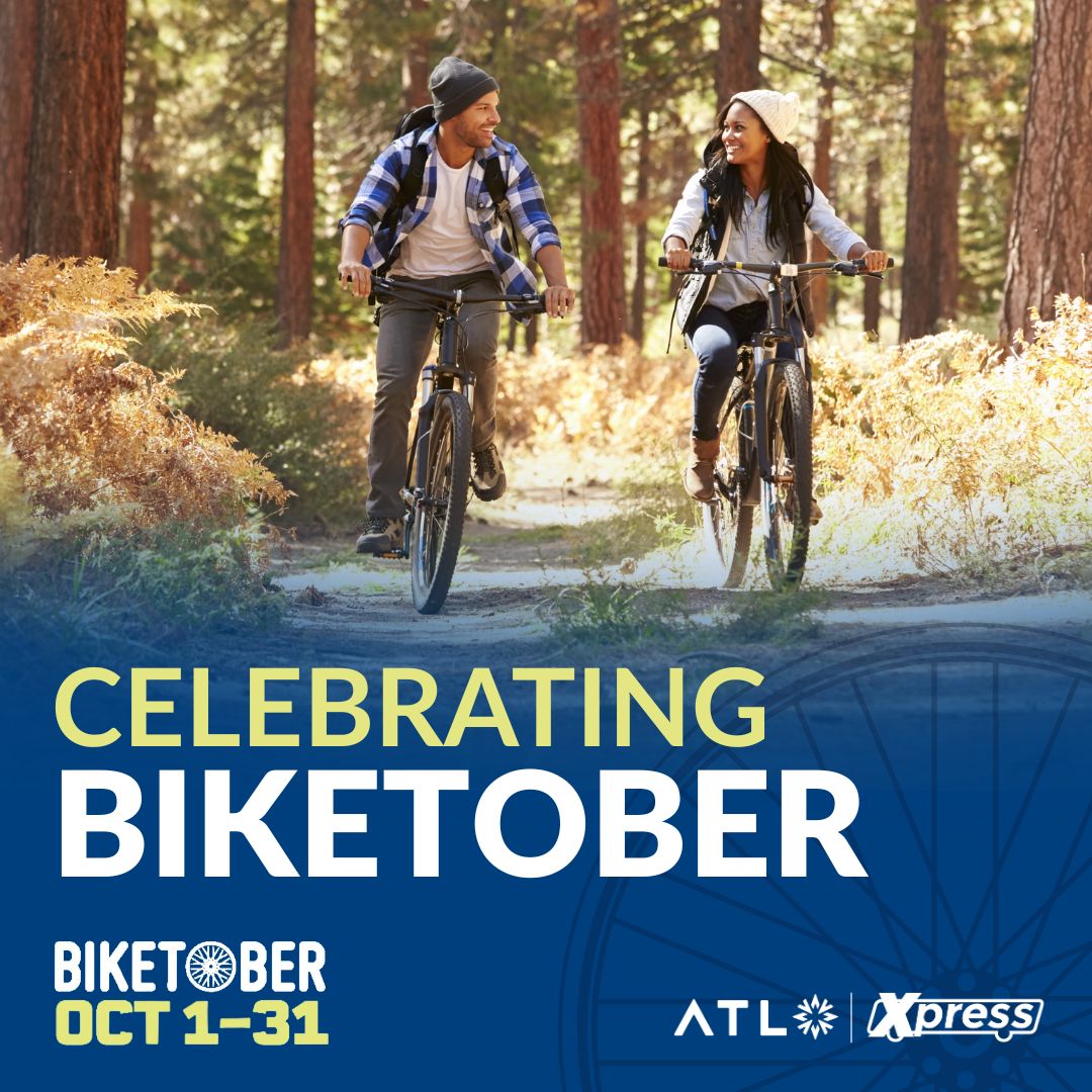 ATLTransitLink's tweet image. It’s Biketober! Ride for fun, fitness, or your commute—then win prizes. Bike to your Xpress stop and use the front-of-bus rack for an easy, greener trip. Register: lovetoride.net/atlanta #Biketober #XpressGA #RideTheATL