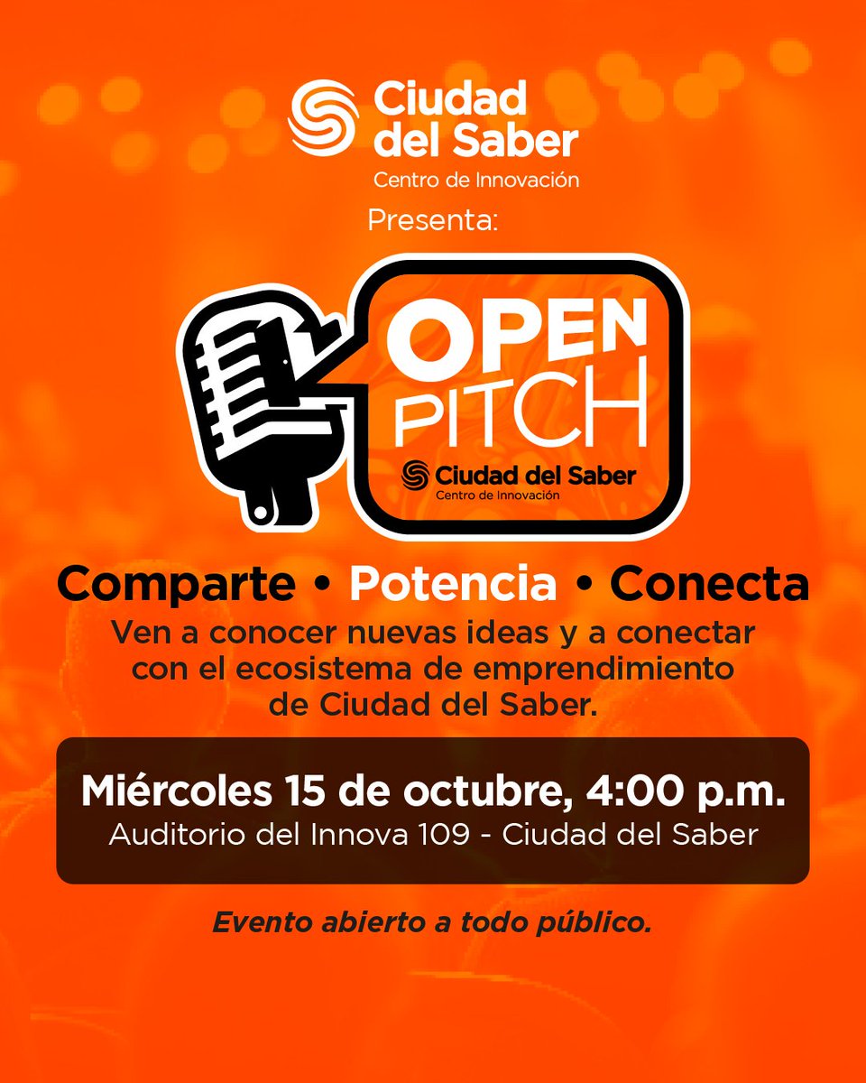 innovaCDS's tweet photo. ¡Únete al Open Pitch de octubre 2025! Conoce nuevos emprendimientos y haz networking en Panamá.  
Fecha: 15/10/2025  
Hora: 4:00 p.m.  
Lugar: Ciudad del Saber  
Regístrate aquí: https://t.co/1UeDIppSbR https://t.co/wgil71M1xQ