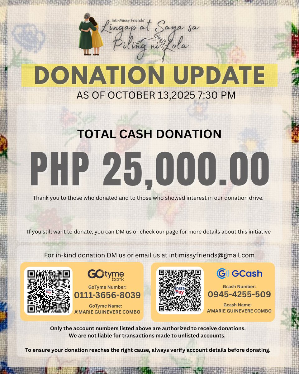 _intimissy's tweet photo. ✨ Donation Update! ✨
 As of October 13, 2025, 7:30 PM, we’ve raised ₱25,000.00 in cash donation for our donation drive! 

We’re beyond grateful to everyone who took the time to share their blessings. Your kindness is helping us bring warmth, comfort, and joy to our lolas. https://t.co/z172sC8mlt