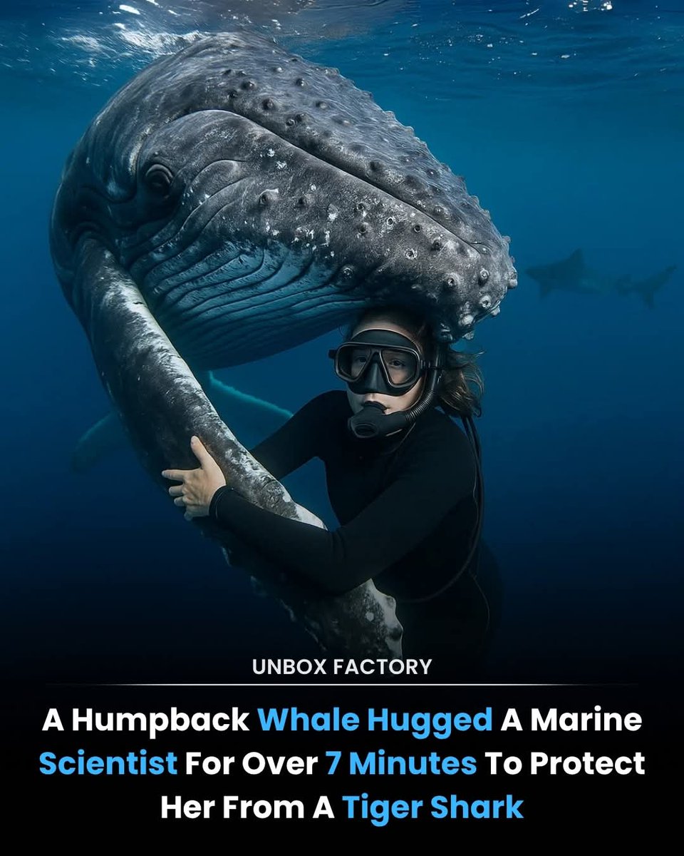 rajuidesai's tweet image. In a moment that left the world speechless, marine biologist Nan Hauser was diving off the Cook Islands when a 40-ton humpback whale began nudging and tucking her under its fin. What she didn’t realize was that a massive tiger shark was circling nearby.
The whale gently lifted…