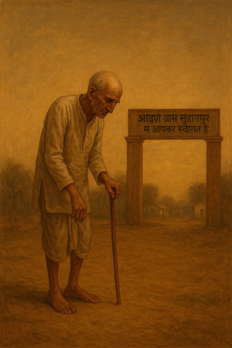 JigyasuWrites's tweet photo. The Last Shade
✍️ — Jigyasu

It was June — the kind of heat that made even the stones sweat.
At the far corner of Suhagpur village stood an old banyan tree, half dry, its roots clutching the earth like tired fingers unwilling to let go. Beneath it sat another relic of time — Dadaji, bent like the curve of life itself.
At eighty-three, his back no longer stood straight. He often said the banyan and he were alike — both had seen their branches bloom and dry, both unsure how many more seasons they would endure.
His wife had left him twenty years ago, and since then, silence had become his closest companion.
He had two sons — one a schoolteacher, another running a grocery shop. Both were good men, settled, busy, dutiful. Only one grandson lived in the village handling farming activities. Rest grandchildren came only on festivals, with city accents and polite smiles. Dadaji never complained. He had stopped expecting warmth from life; the winter inside him was permanent now.
Every day, he carried a small jute sack, spread it beneath the tree, and sat there from morning till evening. Even when the sun burned the soil white, he preferred it to the suffocating comfort of walls.
That afternoon, his little grandson came running.
“Baba, come home. Lunch is ready.”
“Not feeling like eating today,” he said softly, eyes fixed on the horizon.
The boy went back and told his grandmother.
She muttered under her breath, “If he didn’t want to eat, couldn’t he say in the morning? Why waste food? These days, young people die before their time, but he—he’s taken a vow to outlive us all.”
Under the banyan’s shade, Dadaji smiled faintly — as if he had heard her through the wind. He closed his eyes and drifted into dreams — dreams of his younger days when this tree was lush and full of parrots, when laughter echoed and life still had color.
Now, everything around him was fading to sepia.
As the day dissolved into orange light, children began playing nearby. His great-grandson was among them — a tiny boy who, every night, held his Dadaji’s finger and guided him home through the dusk.
Tonight was no different. The old man followed the small hand that led him to his cot — a rickety old thing whose legs were crooked like his own.
Inside, his daughter-in-law asked sharply,
“Will you eat dinner or not? Don’t tell later that you wouldn’t.”
He smiled gently. “Not hungry. Maybe… just tea.”
“There’s no milk,” came the quick reply.
“Then give it without milk,” he said.
A few minutes later, he received a small pot of thin tea. He poured it slowly into his glass and drank in silence — sip by sip, as if swallowing the last warmth of life.
By morning, pain had curled inside his stomach. Weakness gripped his limbs.
“I’ll ask the doctor to see you,” his son said while leaving for school.
The doctor came in the afternoon, gave some pills, and advised rest.
A week passed.
The old man felt a little better and decided to visit his tree again.
He took slow, trembling steps, pausing often to catch his breath.
But when he reached the corner of the village, he stopped.
The banyan was gone.
Only a bare patch of earth remained — where once its roots had held the soil together.
In its place stood a freshly painted iron arch gate, bright and proud:
 “आदर्श ग्राम सुहागपुर में आपका स्वागत है.”
“You are welcome in the Ideal Village”
For a long time, Dadaji stood staring at the empty space —
his wrinkled hand resting on the stick that once leaned against the banyan’s trunk.
The wind carried the dry scent of sawdust.
Something in him gave way — quietly, without pain, like an old branch snapping under its own weight.
He turned back, slowly, very slowly,
and walked home as the evening sun dimmed into an amber haze.
Reaching his verandah, he lay down on his crooked cot.
The same cot that creaked like tired roots under his weight.
He looked once toward the doorway —
perhaps imagining the banyan’s vast arms still sheltering him.
That night, no one called him for dinner.
The house was quiet.
In the morning, when the birds returned, they found both shades gone —
the tree, and the man who sat beneath it.
Only a patch of ground remained,
and beside it, his old jute sack — waiting for him to come back and sit again.

#TheFinalDropOff #JigyasuWrites #EmotionalStory #HeartTouchingTale  #IndianShortStory  #NightRide #KindnessLivesOn #StoriesThatHeal #ShortFiction #TheLastShade #ShortStory #LiteraryFiction #Fiction #WritingCommunity