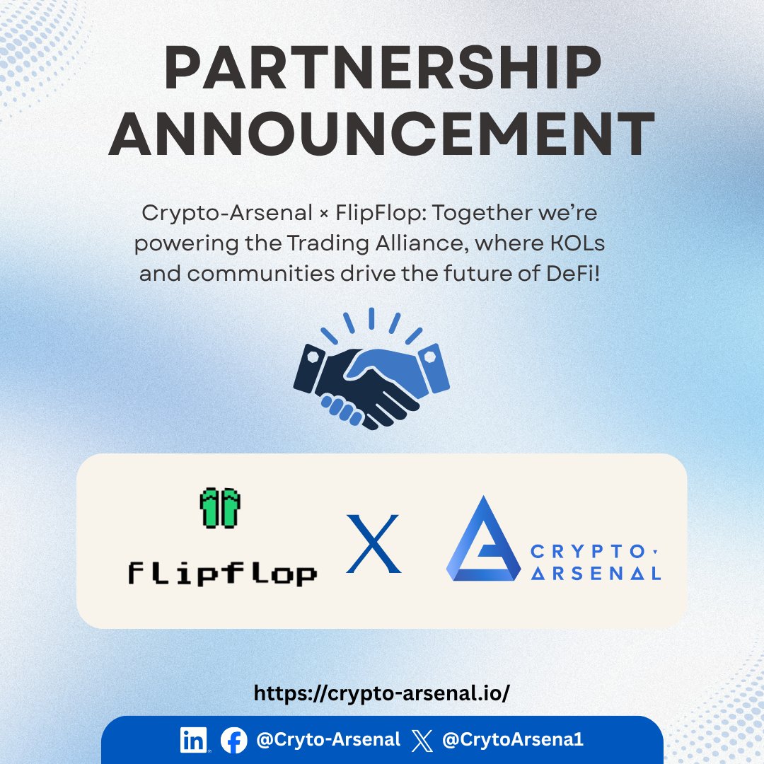Crypto-Arsenal (@cryptoarsena1) on Twitter photo Crypto-Arsenal x FlipFlop | Partnership Announcement 
We’re excited to partner with <a href="/flipfloplaunch/">flipflopGlobal</a>  to build the world’s first Trading Alliance, connecting traders, KOLs, and Web3 communities through DeFi innovation!
Learn more 👉 crypto-arsenal.io Crypto-Arsenal x FlipFlop | Partnership Announcement 
We’re excited to partner with <a href="/flipfloplaunch/">flipflopGlobal</a>  to build the world’s first Trading Alliance, connecting traders, KOLs, and Web3 communities through DeFi innovation!
Learn more 👉 crypto-arsenal.io