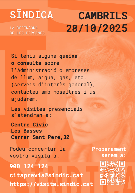 ajcambrils's tweet photo. SÍNDICA DE GREUGES I 🗣️ El proper dimarts 28 d'octubre, la Síndica de Greuges de Catalunya serà a Cambrils per atendre les persones i les entitats que vulguin fer consultes o exposar queixes en relació amb vulneracions dels seus drets.

👉 https://t.co/QojJvCwlh9

#Cambrils https://t.co/ChAvFG3dDR