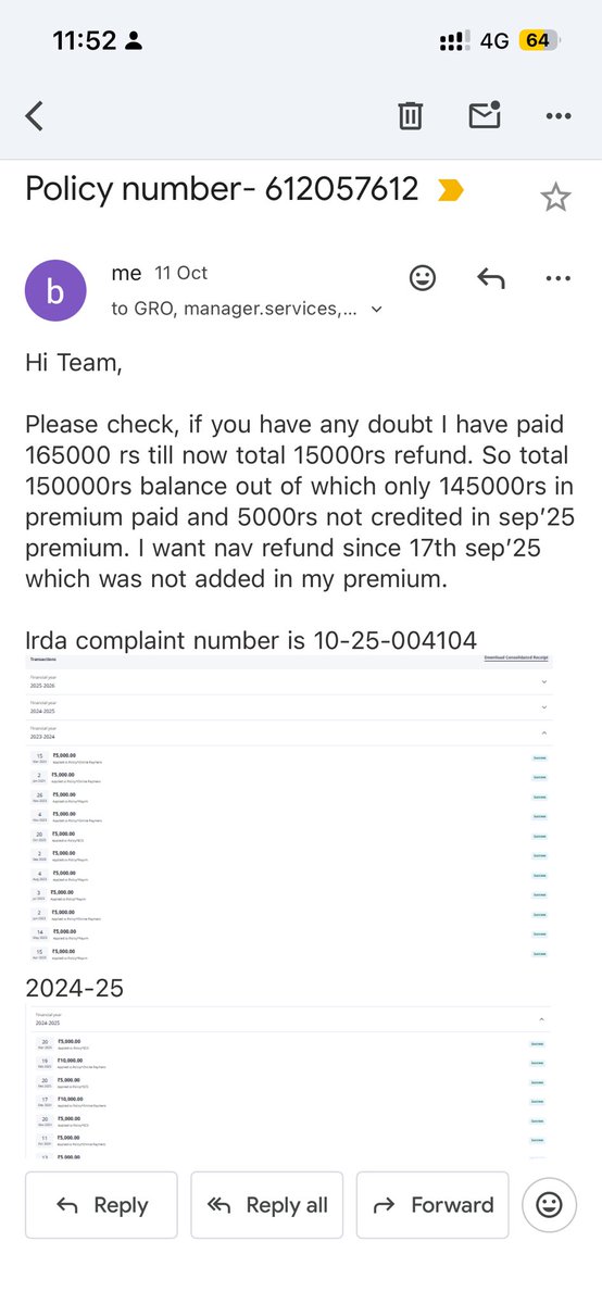 baljinder738's tweet photo. @AxisMaxLifeIns @irdaindia,advanced paid premium not adjusted in my policy number since August’25,  this is unfair business practice and not taking responsibility to adjust or refund on policy no. 612057612, as per policy I had paid total 165000rs and refund 15000 than why 145000 https://t.co/zr7S3U8UsR