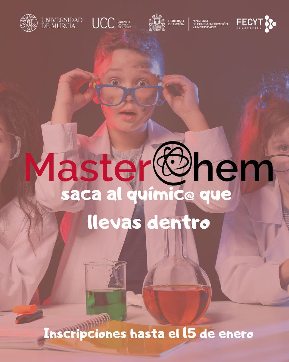 UMUdivulga's tweet photo. MASTERCHEM | ¡Vuelve el concurso de química más emocionante de la @UMU! 👩‍🔬🤯

📹Prepara un vídeo corto con un experimento
✍️Inscribe a tu equipo
🧪¡Y prepárate para disfrutar!

Únete a #MasterChem hasta el 15 de enero 📅@FECYT_Ciencia @CienciaGob 

https://t.co/CXuowmr2jX https://t.co/ysg15cwikC