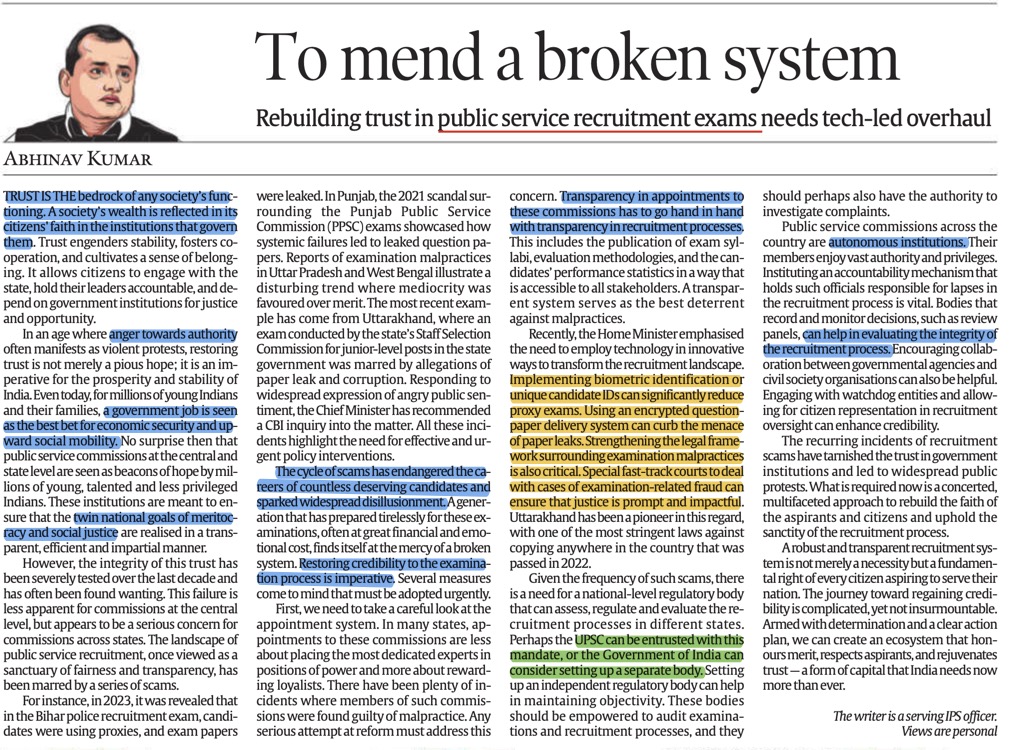 CseWhy's tweet image. Read this article in the IE today by an IPS officer talking about public service recruitment exams like #UPSC and their credibility as responsibility