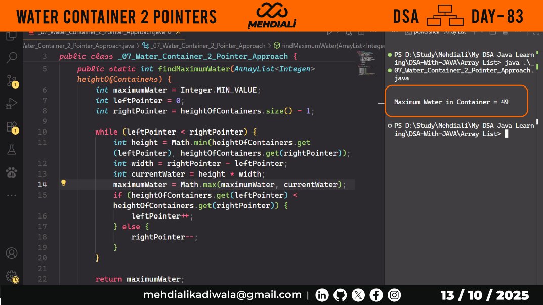 mehdiali_mk's tweet image. Water Container 2 Pointer | DSA – DAY – 83

Github Link: github.com/mehdiali-mk/DS…

LinkedIn: linkedin.com/in/mehdiali-mk/

#365DaysofCode #365dayscoding #100daysofcodechallenge #100daysofcode #LearnDSA #DSAinJava #JavaProgramming #AlgorithmDesign #CodingPractice #codedaily