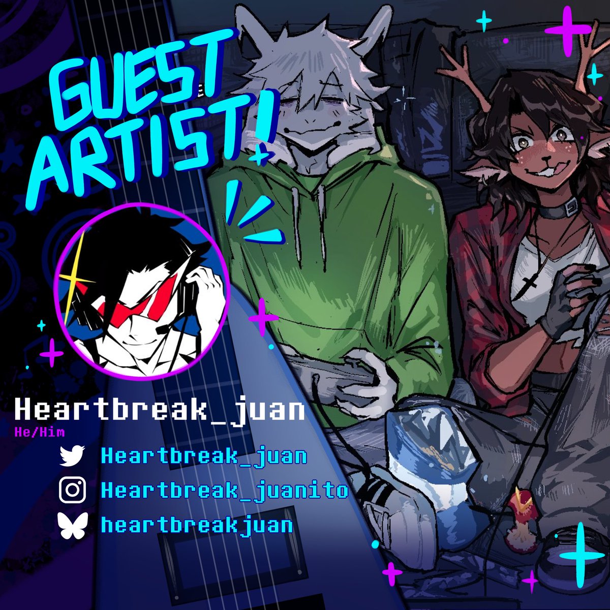 Time to reveal our amazing guest contributors! 🎸🎶

Introducing our first guest artist, <a href="/Heartbreak_Juan/">HB ✧</a>! Known for his badass Dessriel art, he'll rock the place before the performance even starts! 💥

#DELTARUNE