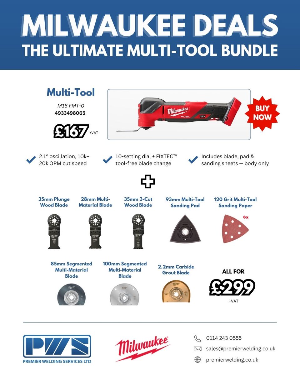 The Milwaukee Multi-Tool Bundle now in stock — includes blades, pads &amp; sanding sheets for cutting and finishing.

Contact us today to order:
📞 0114 243 0555
✉️ sales@premierwelding.co.uk

Browse our full <a href="/MilwaukeeTool/">Milwaukee Tool</a> range 👉 shorturl.at/5FbXU