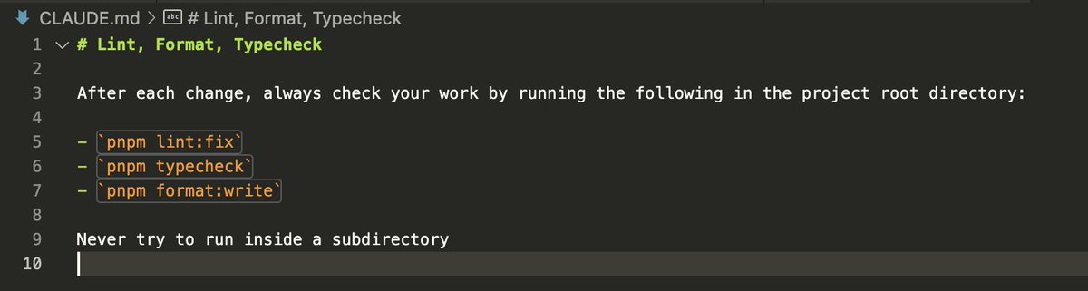 Using CLAUDE.md to have the agent run a bunch of fast checks after its code changes is such a simple and easy way to ensure you always get working code after each change