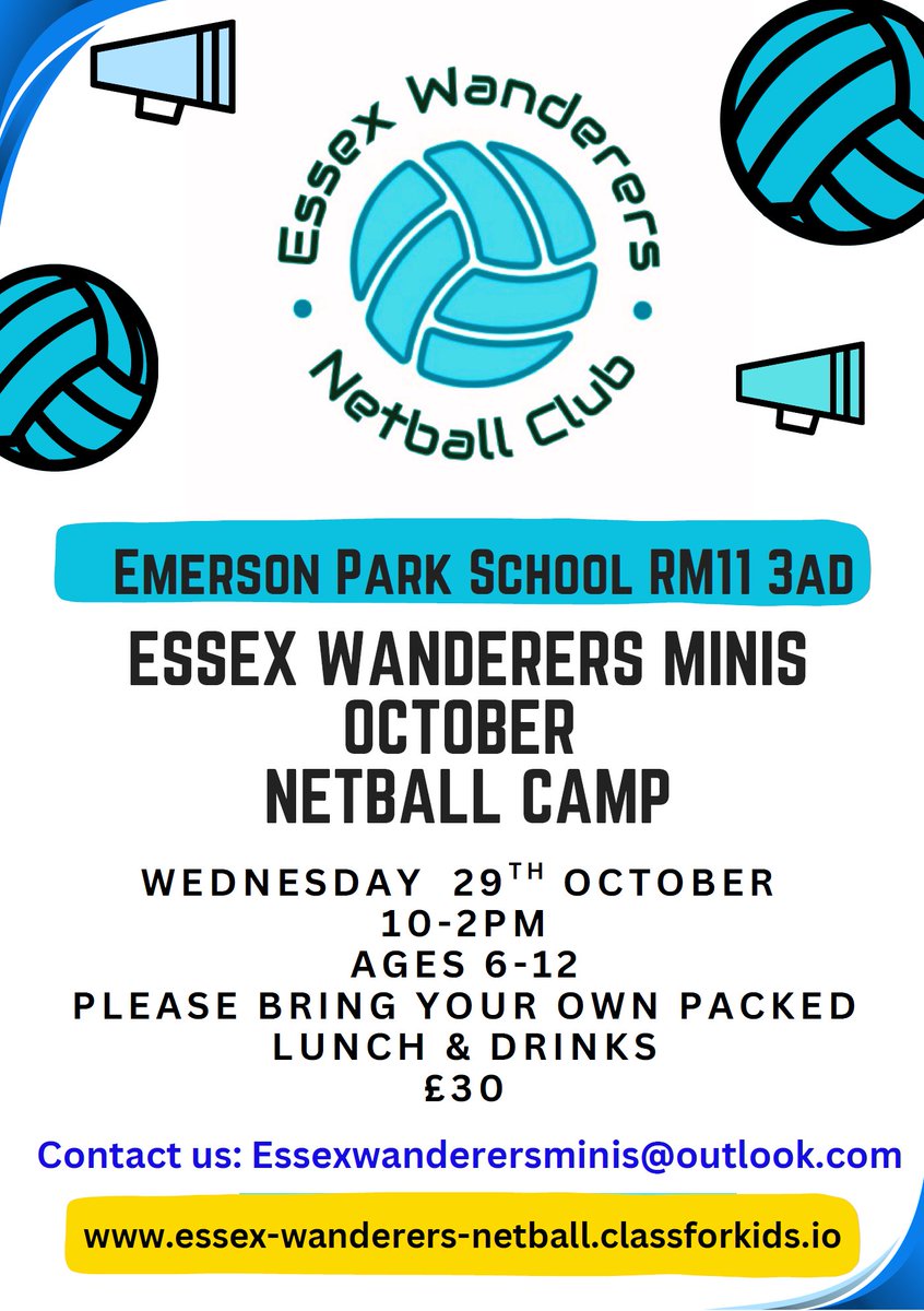 Essex Wanderers October Netball Camp to book contact: essexwanderersminis@outlook.com