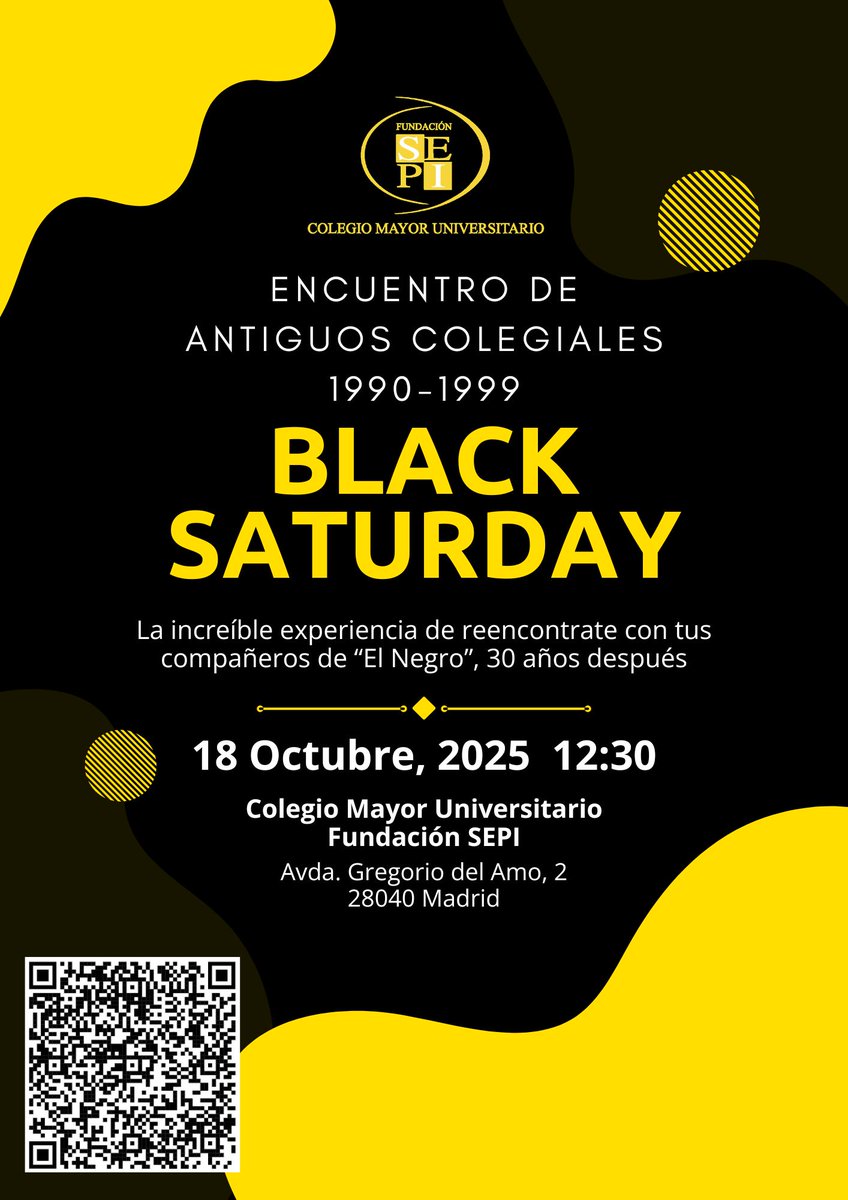 30 años después…¡vuelve la magia de “El Negro”!

Este 18 de octubre, el #CMUFundaciónSEPI abre sus puertas para un encuentro muy especial: los antiguos colegiales de los AÑOS 90 vuelven a verse🙌

Escanea el QR del cartel para toda la info‼️

Te esperamos este Black Saturday💛🖤