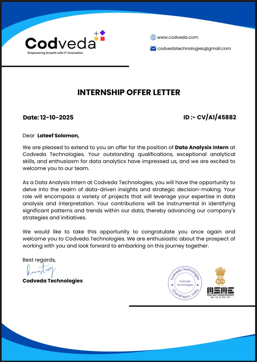 I got my first Internship offer as a data analyst 

oyahhh... lets begin

speacial thanks to <a href="/codveda/">codveda technologies</a>