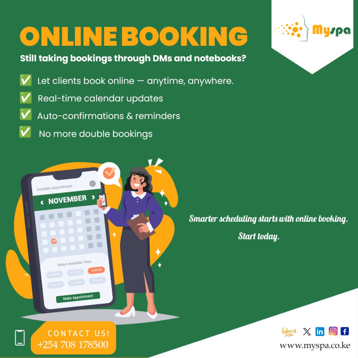 MySpa_Ke's tweet photo. Still taking bookings through DMs and notebooks?
Make life easier — let your clients book online, while you stay focused on what matters most.
 
📅 Stay organized.
📲 Save time.
💼 Look more professional.
 
#OnlineBooking #SpaScheduling #SalonTips #BusinessAutomation https://t.co/V6pNMtqKr5