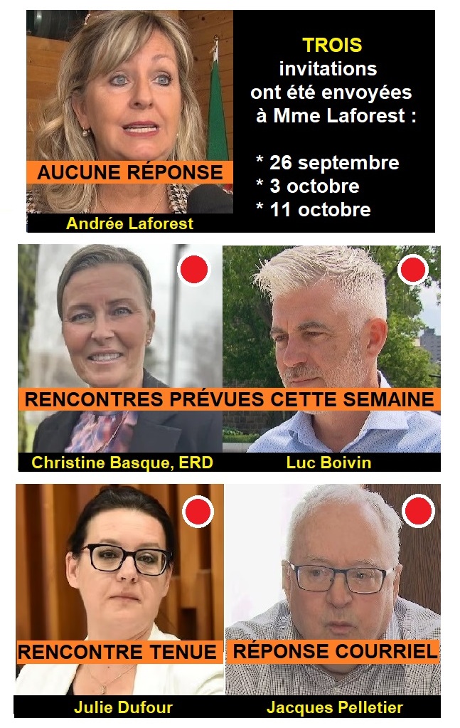 À ce jour, voici les candidats à la Mairie qui ont répondu à notre invitation pour discuter des 6 engagements en matière de logement SOCIAL. Dernière semaine de rencontres avant de publier notre Bulletin de fin de campagne ! C.C. <a href="/AndreeLaforest/">Andrée Laforest</a>