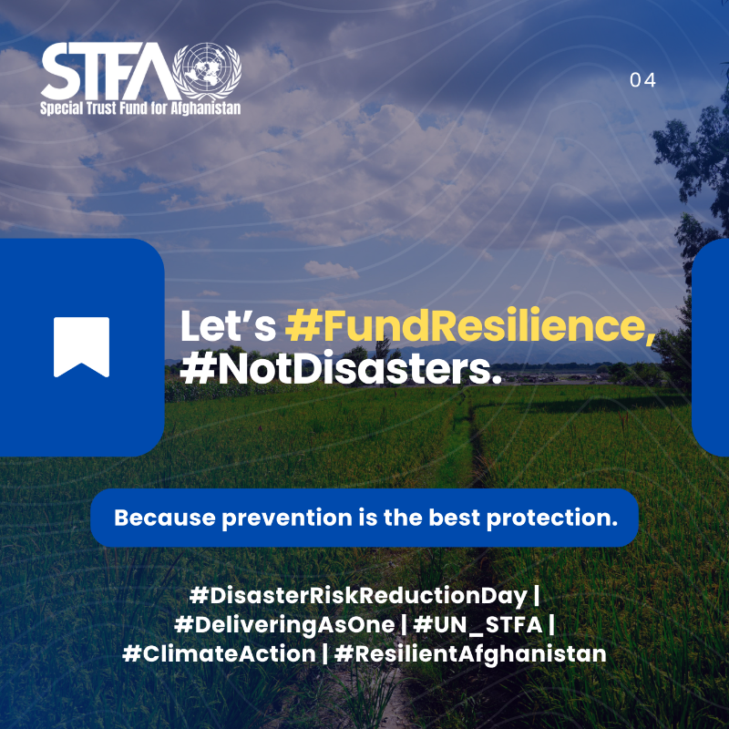 UN_STFA's tweet photo. Climate change is not a challenge of the future; it is a present-day crisis in Afghanistan. @UN_STFA with partners, we support prevention, early recovery, resilient farming & safer livelihoods.
On this #DisasterRiskReductionDay, we are urged to #FundResilience, #NotDisasters.