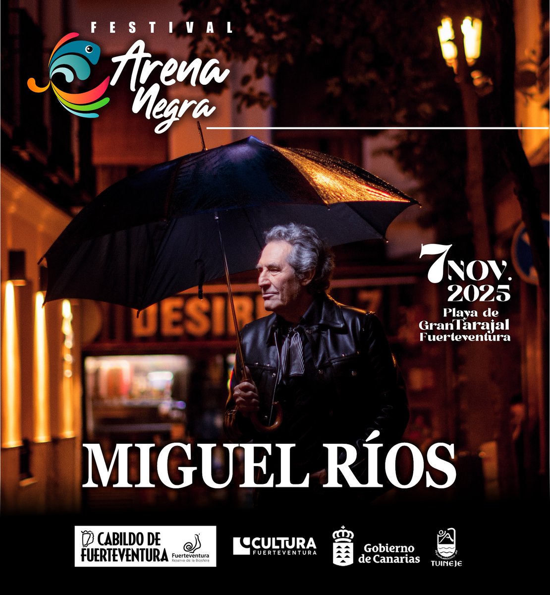 ⚡️🎸 Miguel Ríos llega al Arena Negra 2025

El gran mito del #RockEspañol presentará su gira “El Último Vals” en la playa de Gran Tarajal, el viernes 7 de noviembre 📆

#ArenaNegra25 #FestivalArenaNegra #Fuerteventura #MiguelRíos #IslasCanarias #RockNacional #Rock