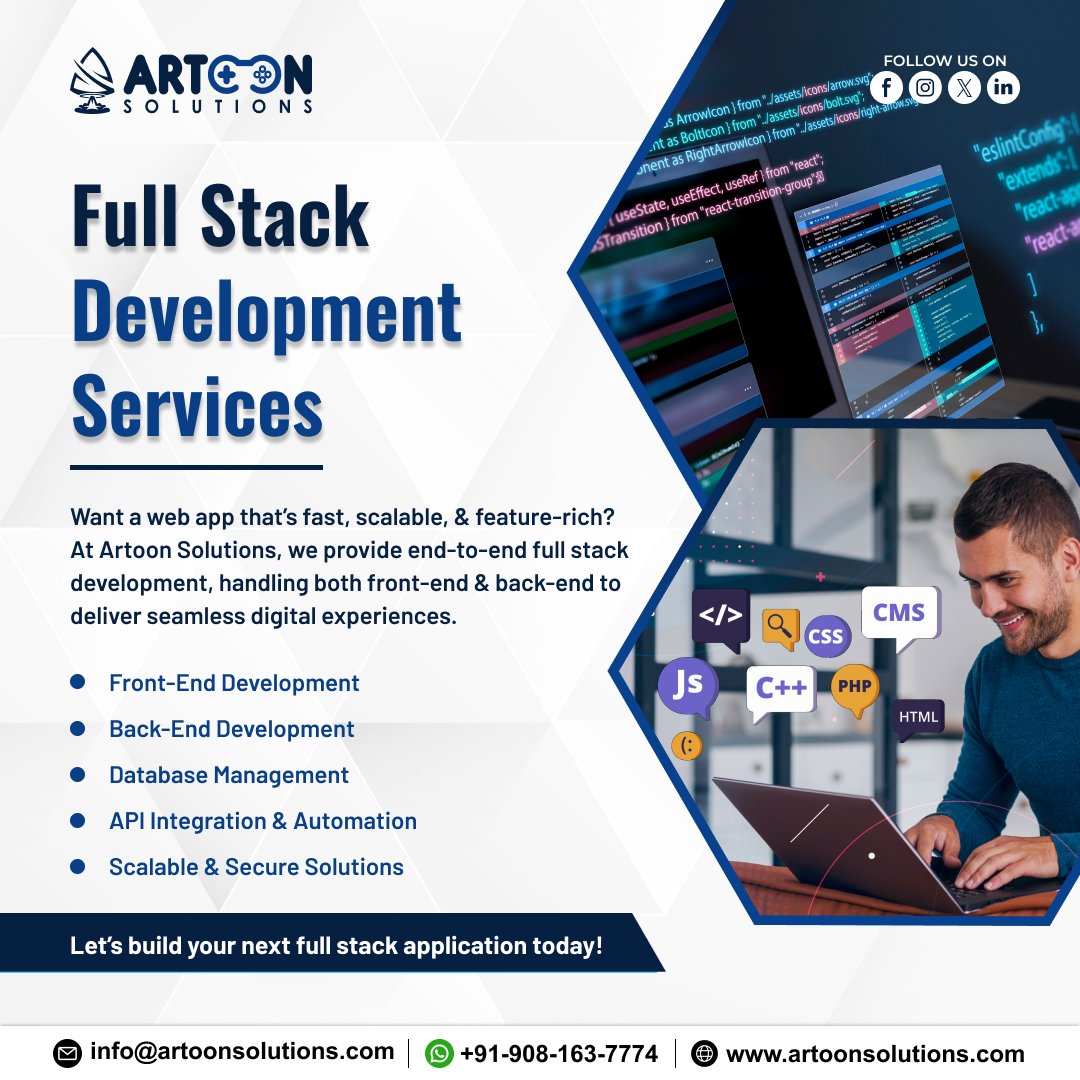 artoonsolutions's tweet image. ๐ป Build fast, scalable & feature-rich web apps with Full Stack Development by Artoon Solutions! ๐
From React to Node.js, we deliver secure, future-ready solutions for your business.
๐ Letโs build smarter:
๐ artoonsolutions.com
#fullstackdevelopmentcourse