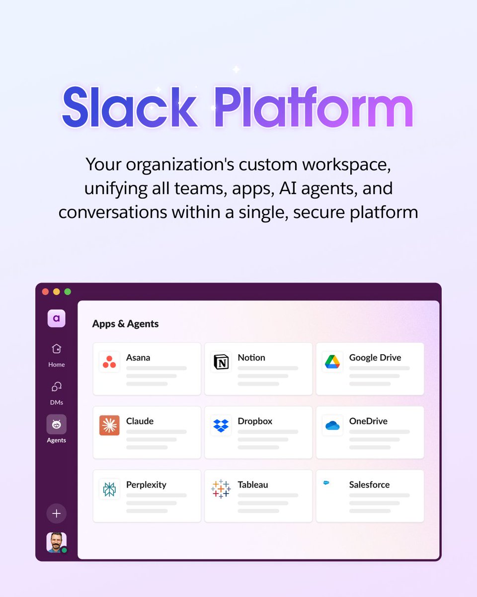 SlackHQ's tweet image. Welcome to the agentic era of work. ✨
At Dreamforce, we're unveiling new Slack innovations that unite your people, agents, data, AI, and apps in one place. Get ready for:
🔹 A personalized AI companion in Slack
🔹 An always-on agent dedicated to your team’s questions
🔹…