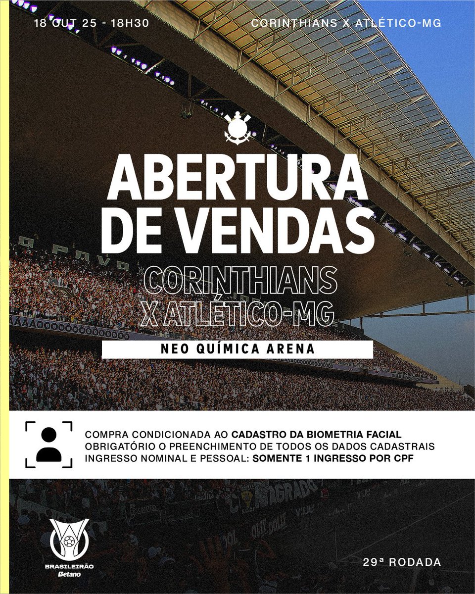 Corinthians's tweet image. INGRESSOS DISPONÍVEIS PARA O JOGO CONTRA O ATLÉTICO-MG! ⚽⚫⚪
Confira as informações de venda de ingressos para a partida entre Corinthians e Atlético-MG, válida pela 29ª rodada do Brasileirão, que acontece no próximo dia 18/10 (sábado), às 18h30! 🎟️
Saiba mais 👉🏼…