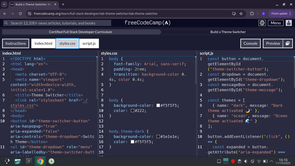 Ujahgrace17's tweet image. And with this lab i wrap up #JavaScript accessibility on #freecodecamp 
This is a theme switcher built with aria states
