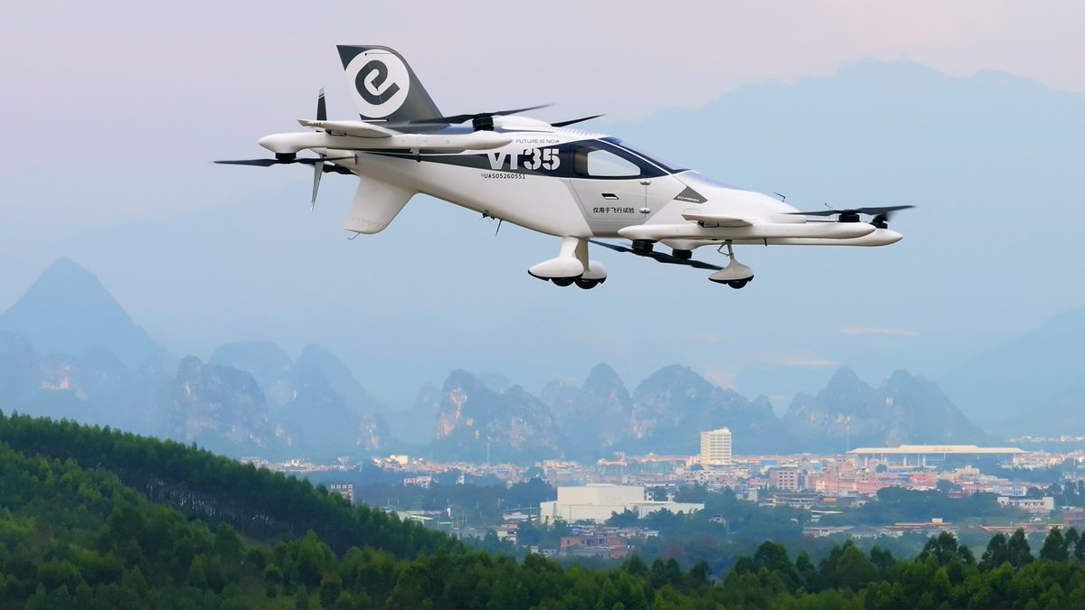 ehang's tweet photo. 🚀 World Premiere! EHang Unveils the Next-Gen Long-Range Pilotless eVTOL — VT35

EHang has officially launched its new-generation long-range pilotless eVTOL aircraft — theVT35— at a grand event held in Hefei, China, on October 13, 2025. ✈️

Building on the foundation of the VT30 prototype, VT35 features a lift-and-cruise design,two-seat configuration,and a range of about 200 km, ideal for intercity, cross-sea, and cross-mountain transportation. Compact, efficient, and fully autonomous, it can operate from existing EH216-S vertiports, enabling seamless urban–intercity connectivity. 🌍

With its autonomous flight system, eco-friendly propulsion, and advanced safety features, VT35 marks a significant milestone in advancing the low-altitude transportation network and sustainable air mobility ecosystem. ⚡

Zhao Wang, Chief Operating Officer of EHang:“VT35’s launch marks a new chapter for long-range pilotless eVTOLs and accelerates commercialization across diverse scenarios.”

Huazhi Hu, Founder, Chairman & CEO of EHang:“VT35 and EH216-S together will build a connected air mobility network, advancing safer, smarter, and greener transportation.”

#EHang #VT35 #eVTOL #AAM #UAM #LowAltitudeEconomy #Innovation #Aviation #Sustainability #SmartMobility