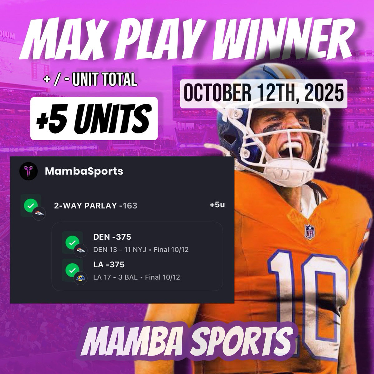 AIWinningTips's tweet image. 🚨FREE MAX PLAYS DAILY!!🚨

I’m posting all my Max Plays for FREE in my VIP Telegram Channel!! 🔥🔥

Wanna join my VIP Telegram Group for FREE??
Send me a DM now for the link!! ✅✅

#SportsBetting #GamblingTwitter #FreePicks #NFL #MaxPlay #VIP