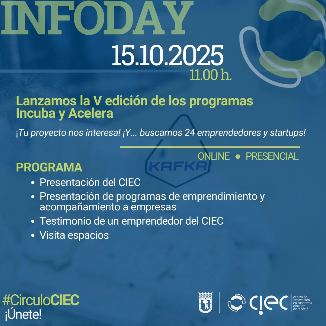 📢¡Todavía puedes asistir a nuestro próximo #Infoday!

🤝En esta jornada podrás descubrir nuestros Programas de #Incubación y #Aceleración, resolver tus dudas, y conocer la experiencia de otras #StartUps que ya formaron parte de ellos.

📅15/10
⏰11:00h

🔗ciecmadrid.es/actividades/in…