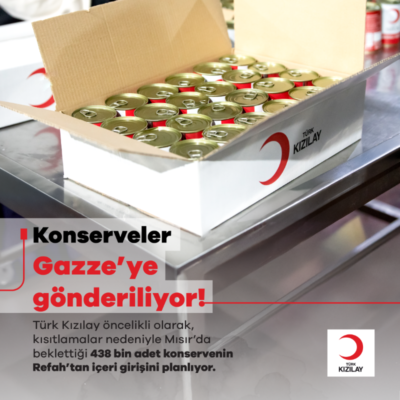Kizilay's tweet photo. Ateşkesin ardından Gazze’deki acil gıda ihtiyacı önemini koruyor. Türk Kızılay, uzun ömürlü konservelerle bu ihtiyaca yanıt veriyor. 

Türk Kızılay öncelikli olarak, kısıtlamalar nedeniyle 438 bin adet konservenin Refah’tan içeri girişini planlıyor.