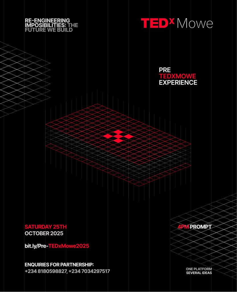 tedxmowe1's tweet image. Before the red dot lights up the stage,
there’s a spark you don’t want to miss.

PRE–TEDxMowe Experience
October 25th | 4PM prompt.

#TEDx
#TEDxMowe
#TheFutureWeBuild
#ReEngineeringImpossibilities