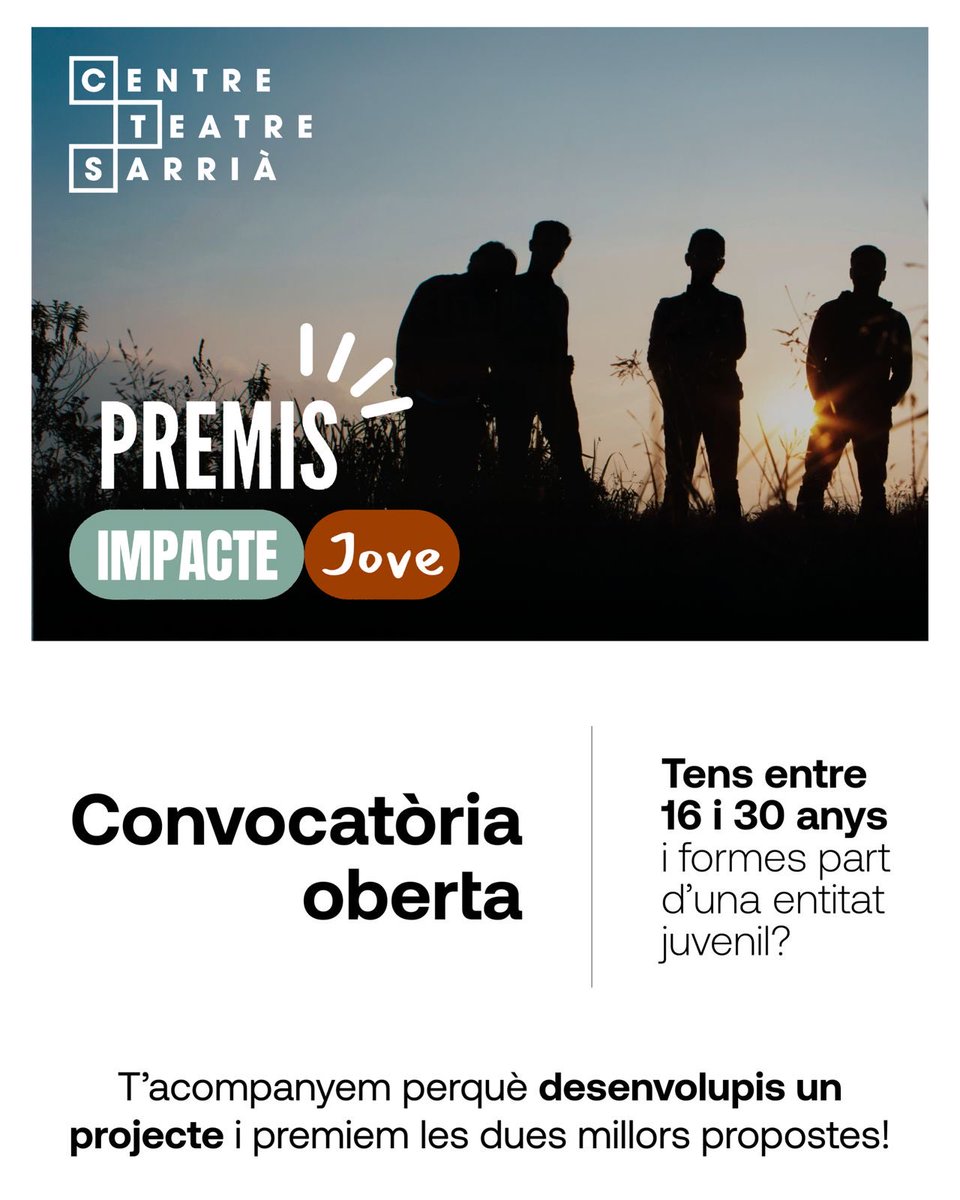 Centre i Teatre de Sarrià (@centredesarria) on Twitter photo 💡 Tens un projecte que pot canviar les coses?
🚀 Participa als Premis #ImpacteJove 2025!
📅 Presenta’t fins al 30 de novembre de 2025
💰 Les millors propostes rebran suport econòmic!
🔗 Més info: centredesarria.cat/impacte-jove
#ImpacteJove #CulturaJove #CentreSarrià 💡 Tens un projecte que pot canviar les coses?
🚀 Participa als Premis #ImpacteJove 2025!
📅 Presenta’t fins al 30 de novembre de 2025
💰 Les millors propostes rebran suport econòmic!
🔗 Més info: centredesarria.cat/impacte-jove
#ImpacteJove #CulturaJove #CentreSarrià