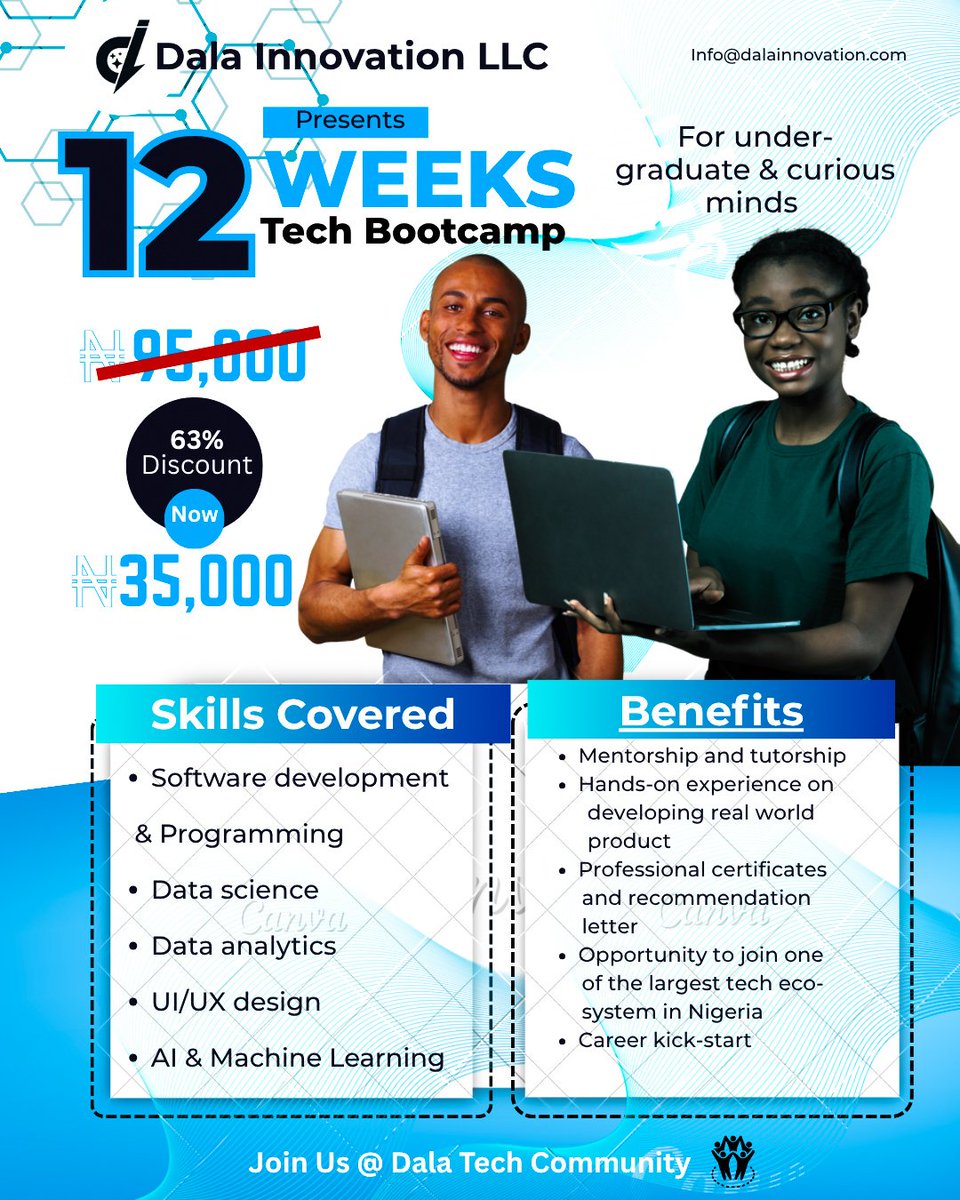 Dala_Innovation's tweet image. 🚀 Join the Dala Tech Community!
Ready to kick-start your tech career?
Join our 12-week Bootcamp
👇 Join now:
🔗 chat.whatsapp.com/JmuNWBKRSb08jX…
#DalaInnovation #TechBootcamp #AIandMachineLearning #LearnToCode #DigitalSkills #TechCareers #UIUXDesign #DataScience #NigeriaTech #Israel