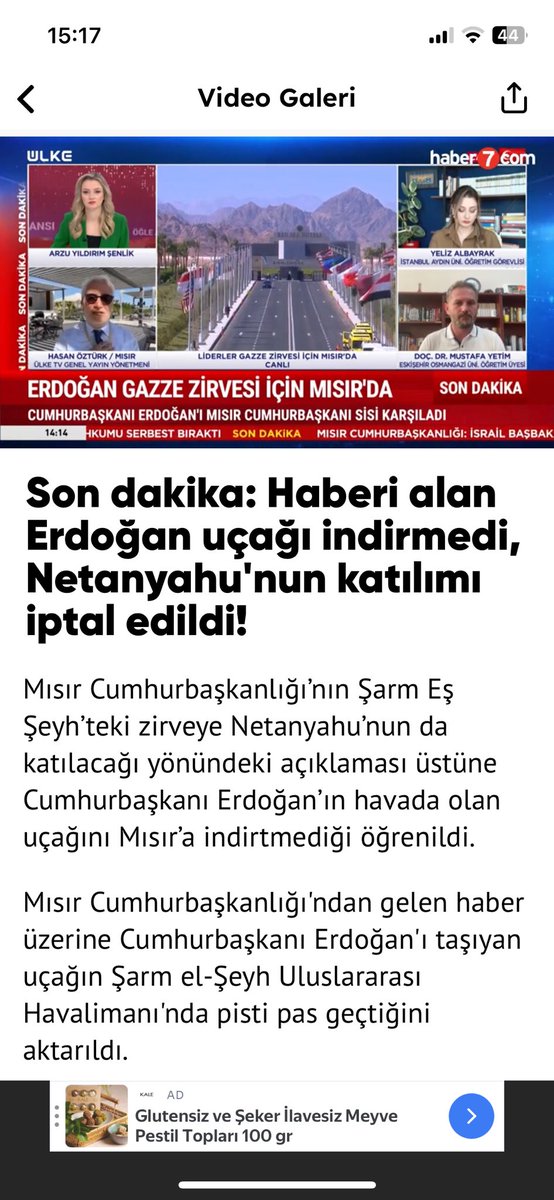 Mısır’daki barış görüşmelerine Netenyahu’nun katılacağı haberi yayılınca uçakta Mısır’a giden cumhurbaşkanımız uçağını Mısır’a indirtmedi ve o kişi toplantıya gelirse ben Türkiye’ye geri dönüyorum dedi ve bunun üzerine Netenyahu’nun Mısır’a gelişi iptal edildi.