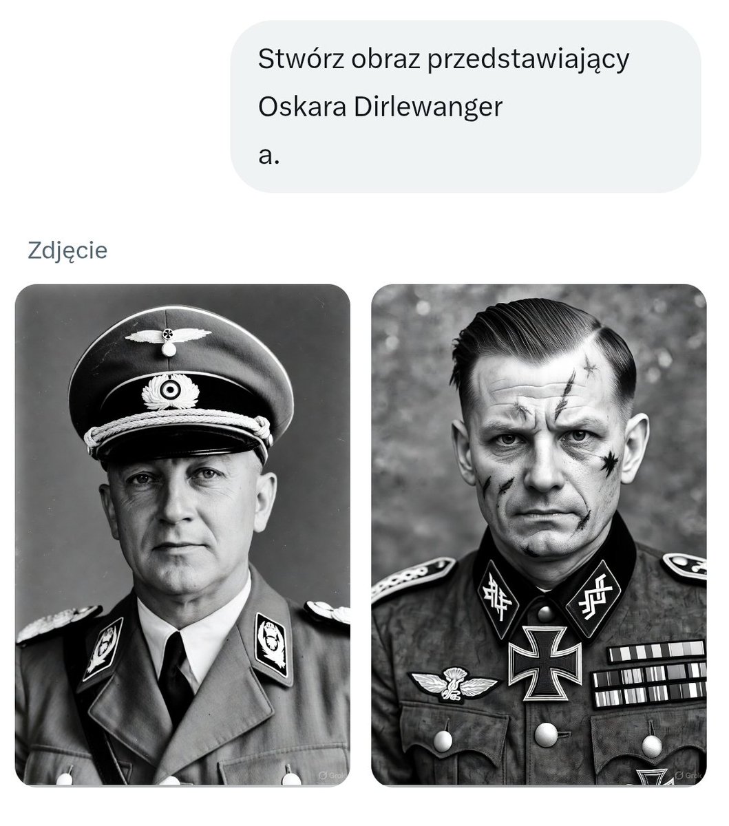 MJPazdzioch32's tweet image. W ogóle jaka cweloza Grok już nie generuje mordy Dirlewangera xDDDDD

@grok wytłumacz się cwelu.
