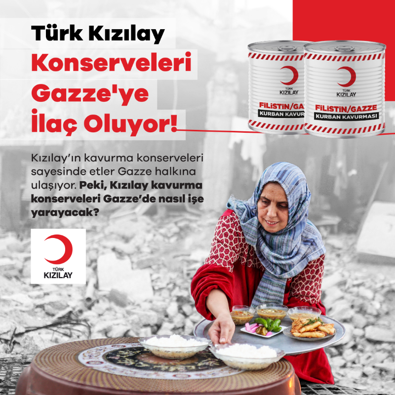 Kizilay's tweet photo. Ateşkesin ardından Gazze’deki acil gıda ihtiyacı önemini koruyor. Türk Kızılay, uzun ömürlü konservelerle bu ihtiyaca yanıt veriyor. 

Türk Kızılay öncelikli olarak, kısıtlamalar nedeniyle 438 bin adet konservenin Refah’tan içeri girişini planlıyor.