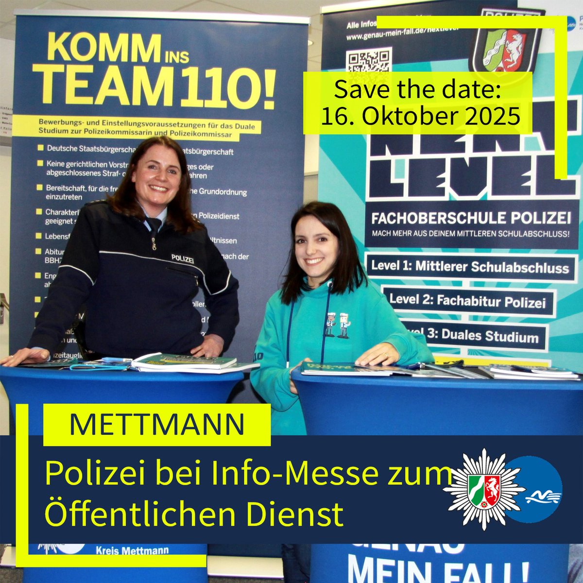 #Mettmann: Messe zum Thema "Berufe im Öffentlichen Dienst" im BIZ - die Polizei ist dabei! 👮‍♂️
Mehr hier: fcld.ly/7nmtmi0 
Ihre #PolizeiME 👮‍♂️