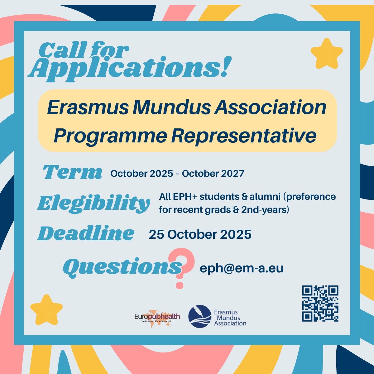 Call for Applications: EMA Program Representative (PR) — Europubhealth+ ✨

Be the bridge between students, alumni, the consortium &amp; EMA!
🗓 Term: Oct 2025–Oct 2027
📅 Apply by Oct 25
✅ Open to all EPH+ students &amp; alumni
💌 eph@em-a.eu

Application form: forms.gle/sTtuWrLbmth1ui…