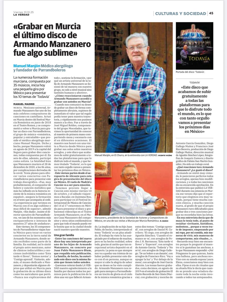 🗞️ Manuel Manjón habló en <a href="/laverdad_es/">laverdad_es</a> sobre la gira de Parrandboleros por México 🇲🇽 y nuestro nuevo disco “Todavía”, junto al gran Armando Manzanero.
Una entrevista llena de emoción, música y recuerdos. 🎶
#Parrandboleros #Todavía #ArmandoManzanero #LaVerdad #GiraMéxico