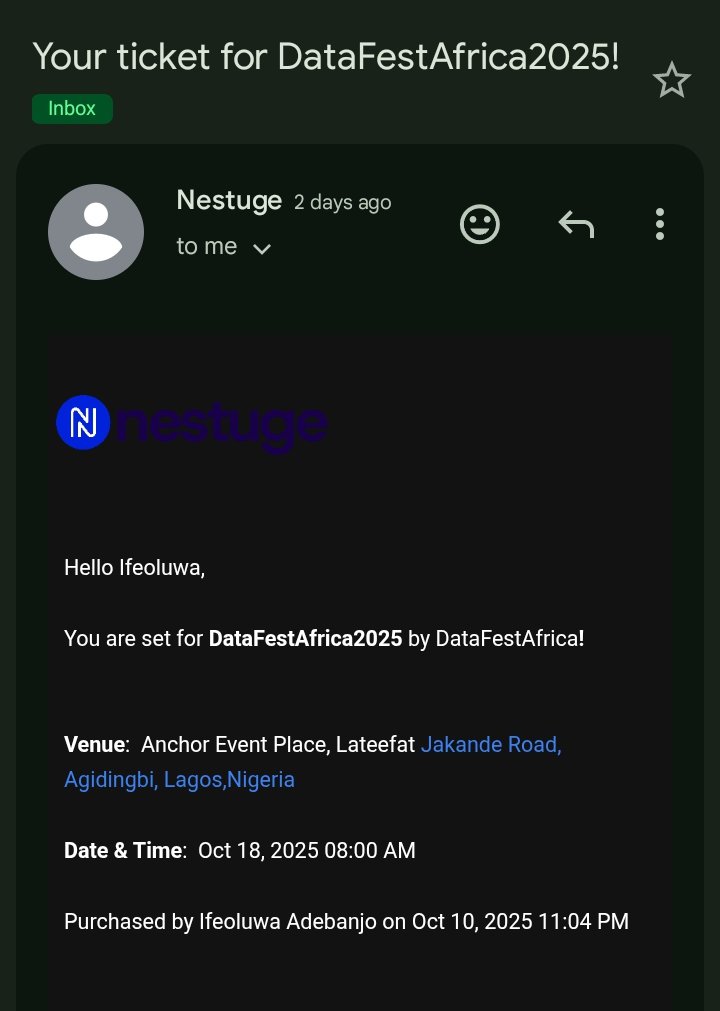 audiuani_'s tweet photo. I won a free ticket to DataFest Africa!🥹
Big thanks to @mlinlagos for the opportunity.
I'm so ready to learn, connect, and grow!🤍
#datafest, here I comee https://t.co/LlTSexqyT0