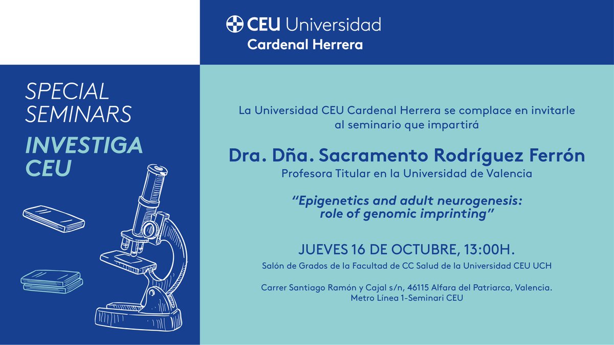 Este jueves, segundo Special Seminar del curso en <a href="/uchceu/">Universidad CEU UCH</a>

Con la ponencia de la Dra. Sacramento Rodríguez Ferrón, de la <a href="/UV_EG/">Universitat València</a> sobre

👉"Epigenetics and adult #neurogenesis: role of genomic imprinting"

📅 Jueves (16/10/25) 13:00h

📍 Salón de Grados Facultad de CC de Salud