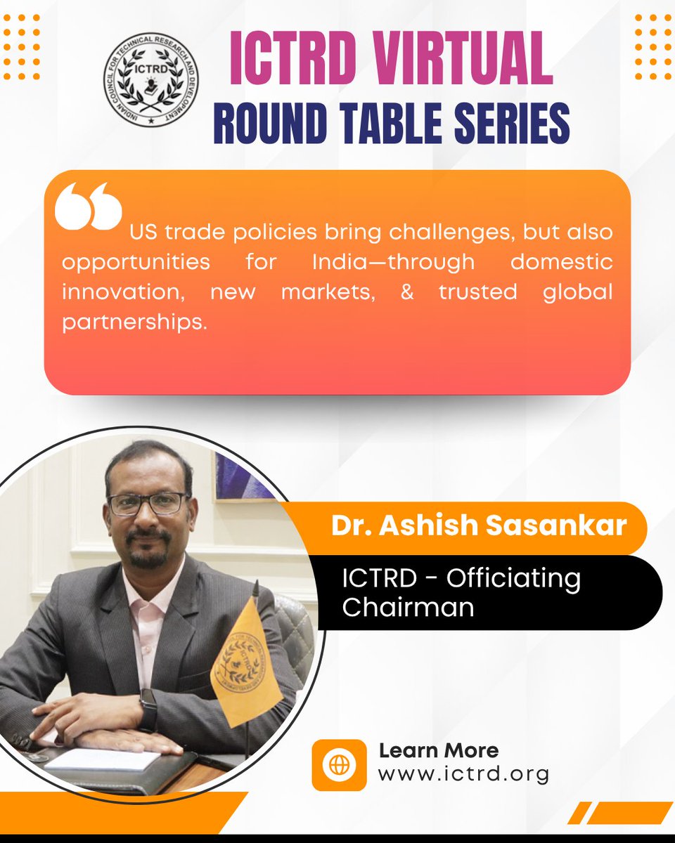 IctrdIndia's tweet image. CTRD Spotlight:
Dr.  Ashish Sasankar said US trade challenges can also be opportunities for India—by driving domestic innovation, new market expansion &amp;amp; trusted global alliances.

🔗 More: ictrd.org

#ICTRD #GlobalTrade