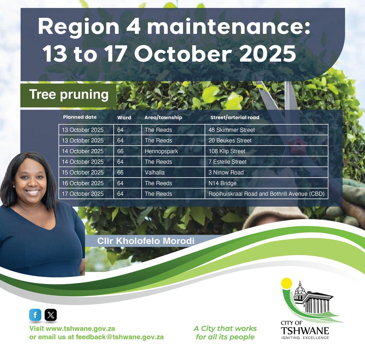 kholofeloMorodi's tweet image. Cleaner streets. Safer roads. Greener spaces. ☘️

This week, Region 4 teams are on the ground trimming, patching, and maintaining your neighbourhoods. Let’s take pride in where we live! 💚

#Region4 @CityTshwane