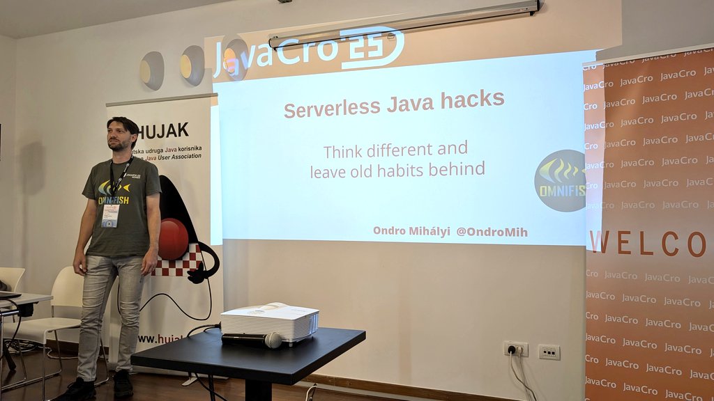 vilojona's tweet image. Let&apos;s learn about Serverless hacks by @OndroMih at @JavaCro #javacro25