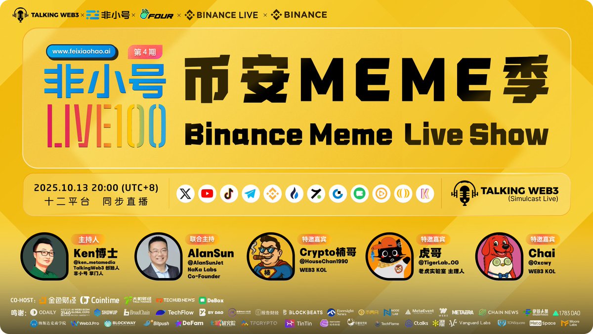 0xTalkingWeb3's tweet image. 【#非小号LIve100 Meme季 】:《币安 Meme Live Show》第4期 直播预告!
🎁听非小号Space,打币安Meme,赢1000U等值 $哈基米 空投!
上期,我们聚焦“币安Meme热潮下,下一个爆款叙事是?”,从Meme币进入币安叙事后还能否“草根”、中文Meme爆款叙事、OKX vs CZ…