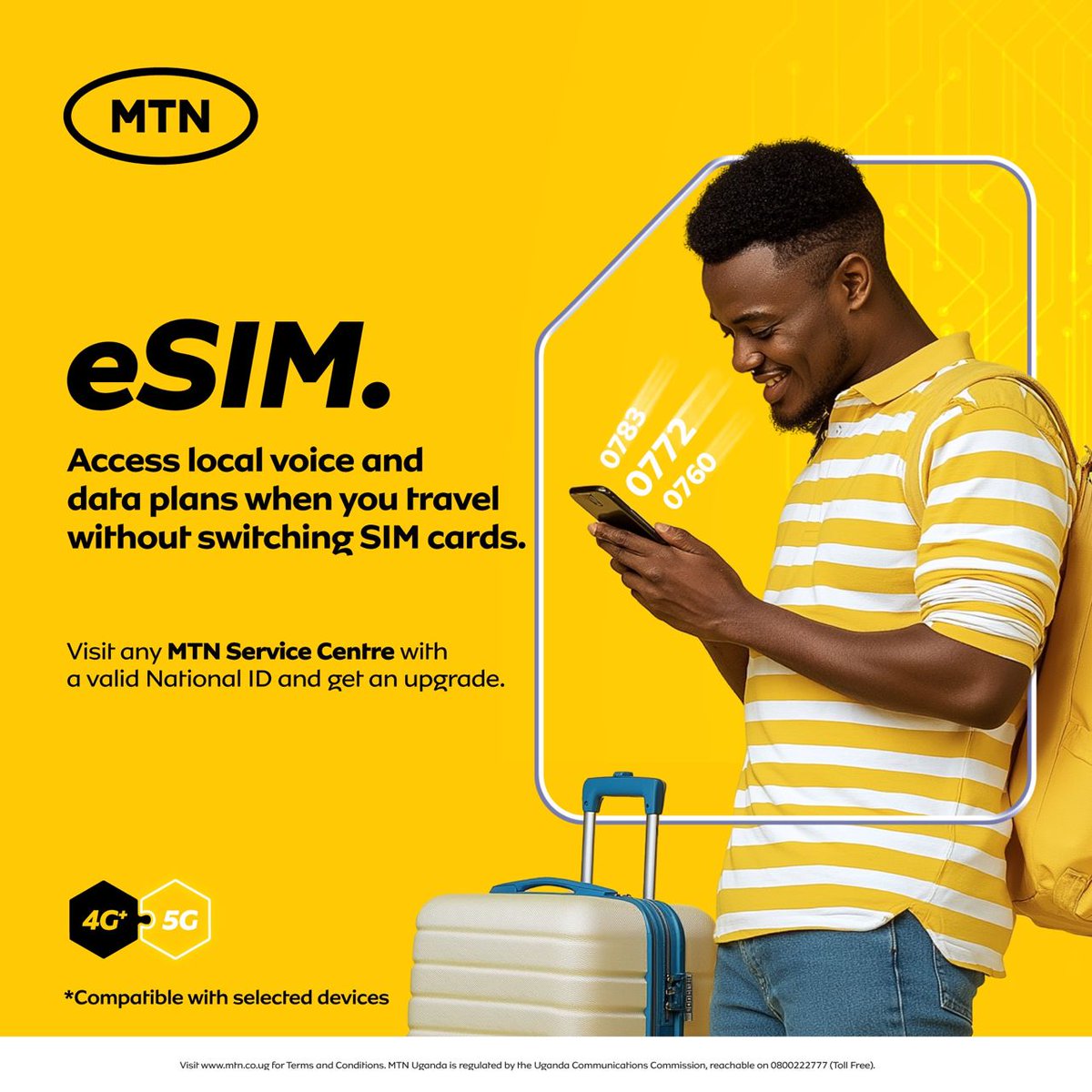 mtnug's tweet photo. Boundless travel. Seamless connection.
The #MTNeSIM lets you roam, chat, and stream without the need to switch SIMs.
Dial *#06# to verify compatibility and visit any MTN Service Center with your ID to upgrade.
#TogetherWeAreUnstoppable https://t.co/3dqXQwfnrn