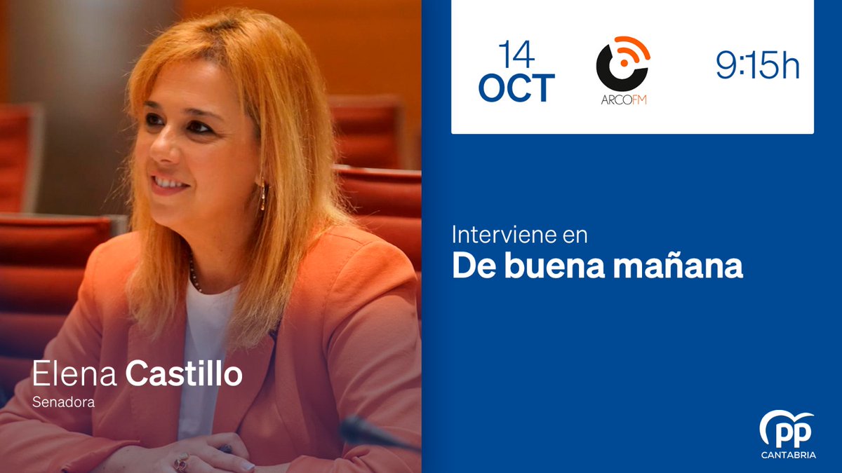 📻 Nuestra senadora, <a href="/ElenaCastilloPP/">Elena Castillo Lopez</a> , participa hoy en el programa de ‘De buena mañana’ <a href="/DBMArcoFM/">De Buena Mañana</a>, en <a href="/ArcoFMCantabria/">ARCO FM Cantabria</a>

📡 En directo en el 87.7 FM y online en arcofm.com