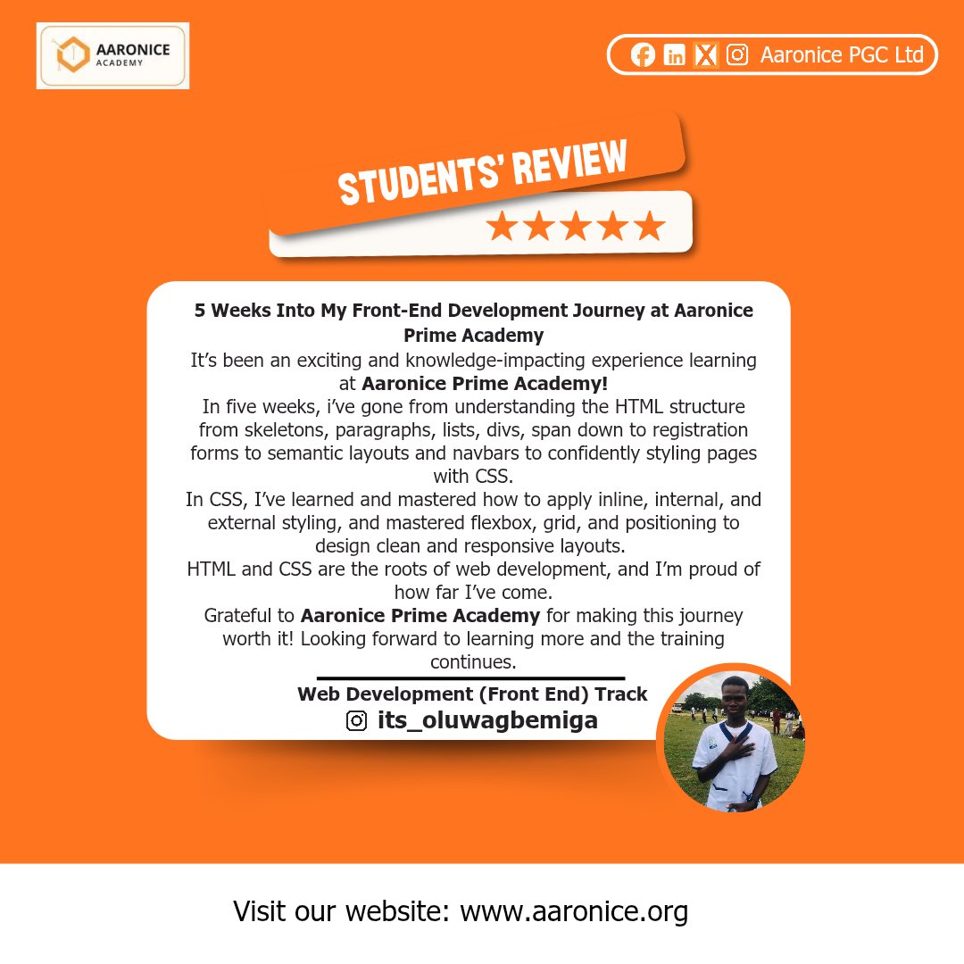 AaronicePGCLtd's tweet image. Here’s how some of our students in the ongoing Web Development (front end) describe their learning experience with us.
Practical, engaging, and truly transformative.
#WebDevelopment #TechSkills #FrontendDevelopment #DigitalSkills #TechTraining #WebDesign #TechEducation