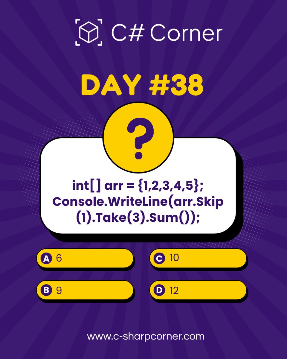CsharpCorner's tweet image. 🚀 .𝐍𝐄𝐓 𝐂𝐡𝐚𝐥𝐥𝐞𝐧𝐠𝐞 – 𝐃𝐚𝐲 #38 🚀
𝐖𝐡𝐚𝐭 𝐰𝐢𝐥𝐥 𝐛𝐞 𝐭𝐡𝐞 𝐨𝐮𝐭𝐩𝐮𝐭? Drop your answers below! ⬇️

#CSharpCorner #DotNet #csharp #codingchallenge #day38 #LearnAndCode