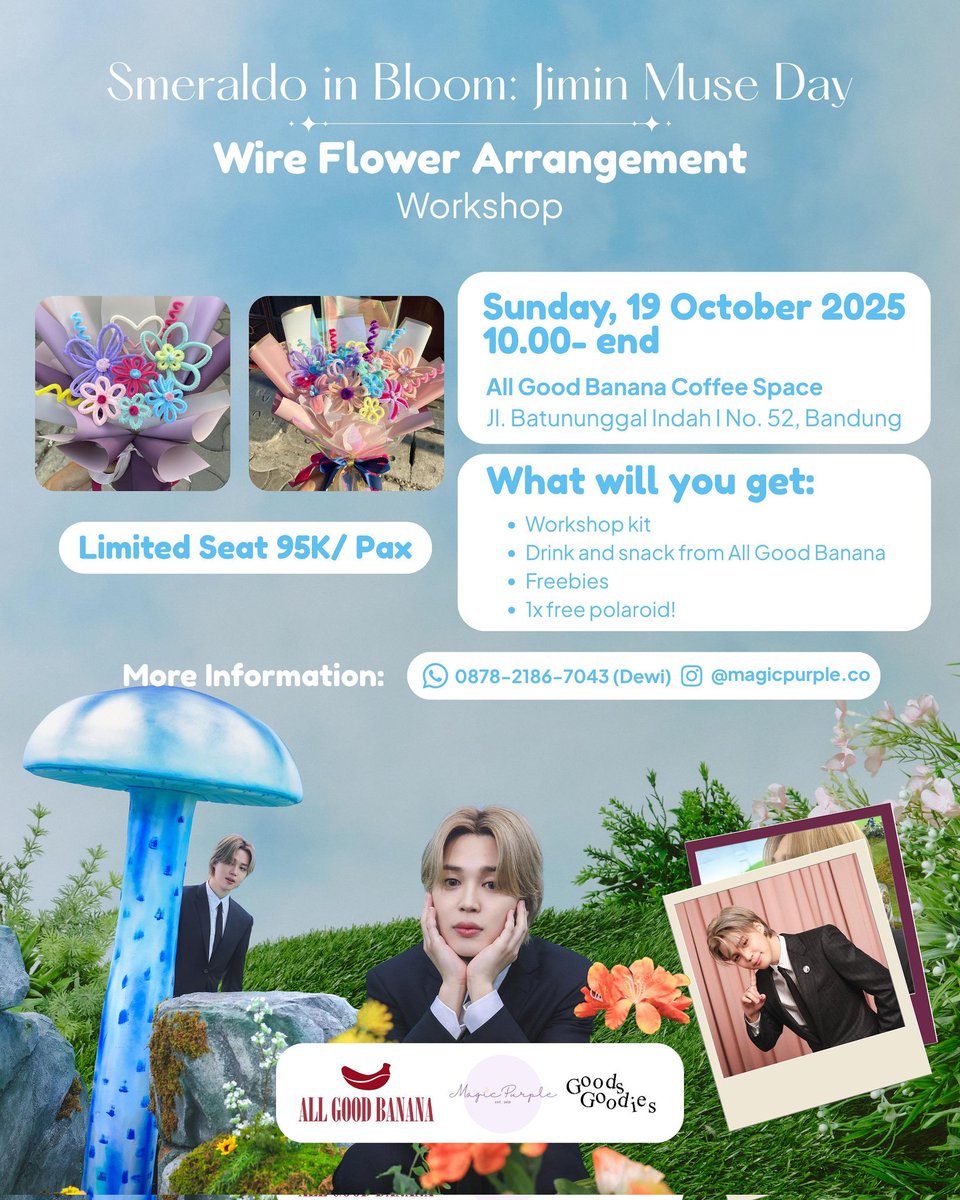magicpurple_co's tweet photo. 💜 Smeraldo in Bloom: Jimin Muse Day ✨

Hi ARMY Bandung ! Merayakan bulan kelahirannya Jimin, kita seru-seruan bareng lewat workshop Wired Flower Arrangement yukkk🌸💐

Untuk kegiatan ini slotnya terbatas, jadi yang mau bisa langsung DM yaa💜✨️

#birthdayjimin #jimincafeevent https://t.co/tiP2w9dIkc