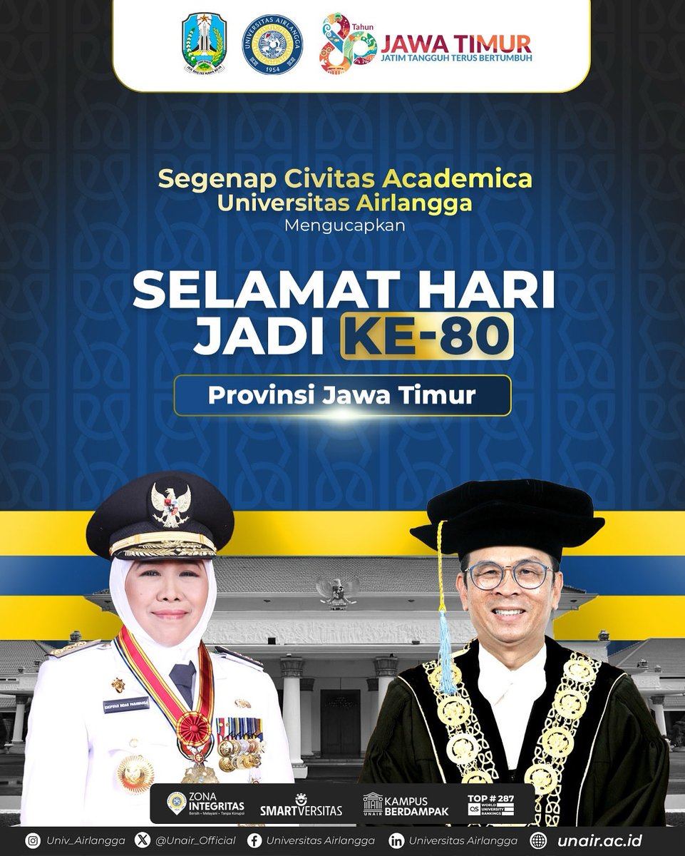 Selamat memperingati Hari Jadi Jawa Timur ke-80

Di tanah tempat kita berpijak, tumbuh semangat berkarya, berinovasi, dan berdaya saing. UNAIR bangga menjadi bagian dari kekayaan budaya, potensi, dan harapan Jatim.

Mari bersama melangkah, berbagi manfaat, dan menjadikan Jatim